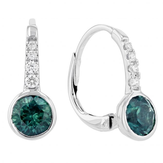 Round Montana Sapphire & Diamond Bezel Set Leverback Drop Earrings in White Gold