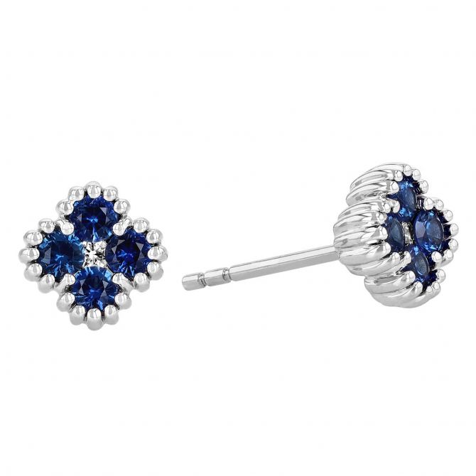 Sapphire & Diamond Clover Stud Earrings in White Gold