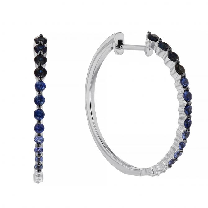 Sapphire & Diamond Graduated Ombre Hoop Earrings in White Gold