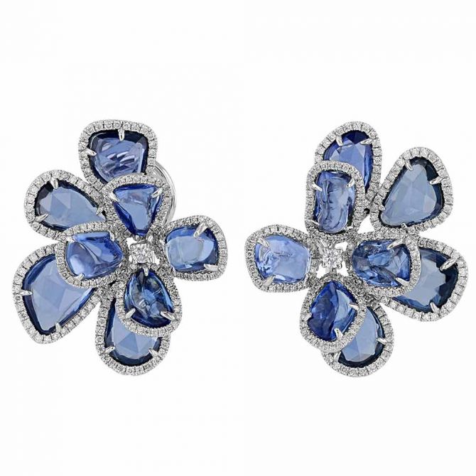 Multi Shape Sapphire & Diamond Flower Omega Back Post Earrings in White Gold