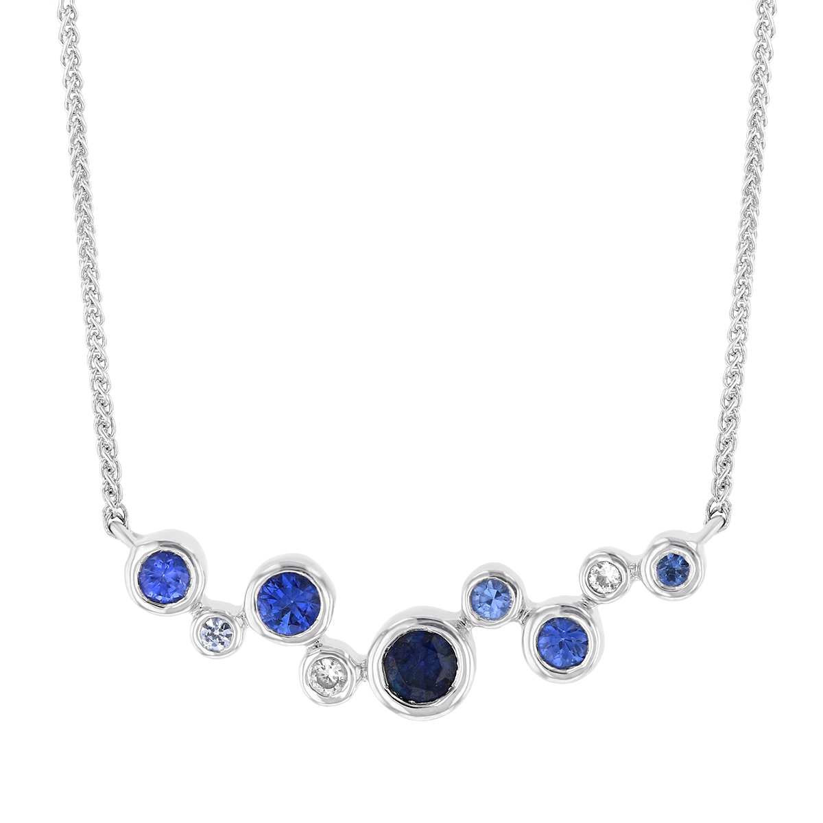 14K White Gold Round Sapphire Bezel Set Scatter Bar Necklace, 18 ...