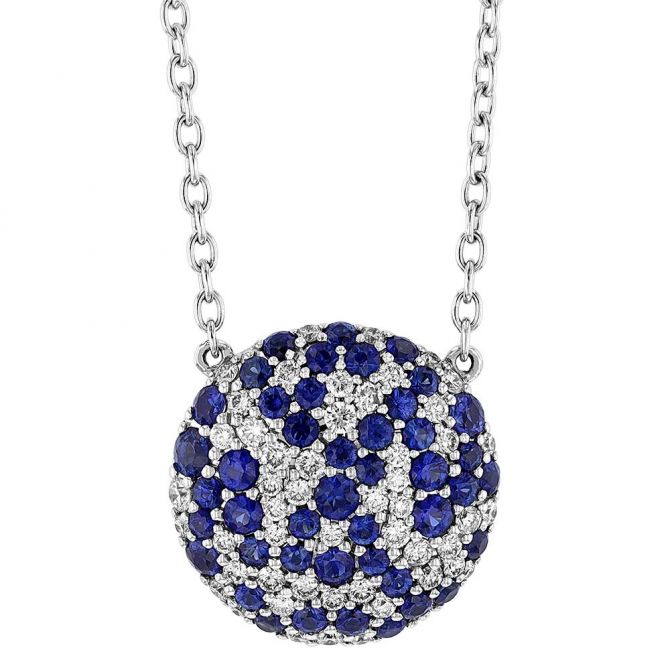 Sapphire & Diamond Cluster Pavé Disc Necklace in White Gold, 18"