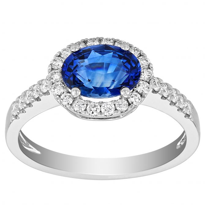 Oval Sapphire Ring with Diamond Halo & Sides in White Gold