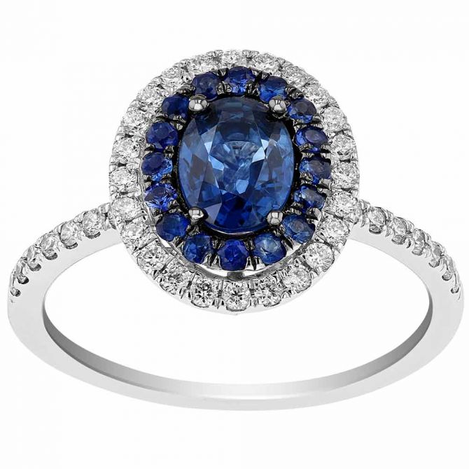 Oval Sapphire Ring with Double Sapphire & Diamond Halo in White Gold