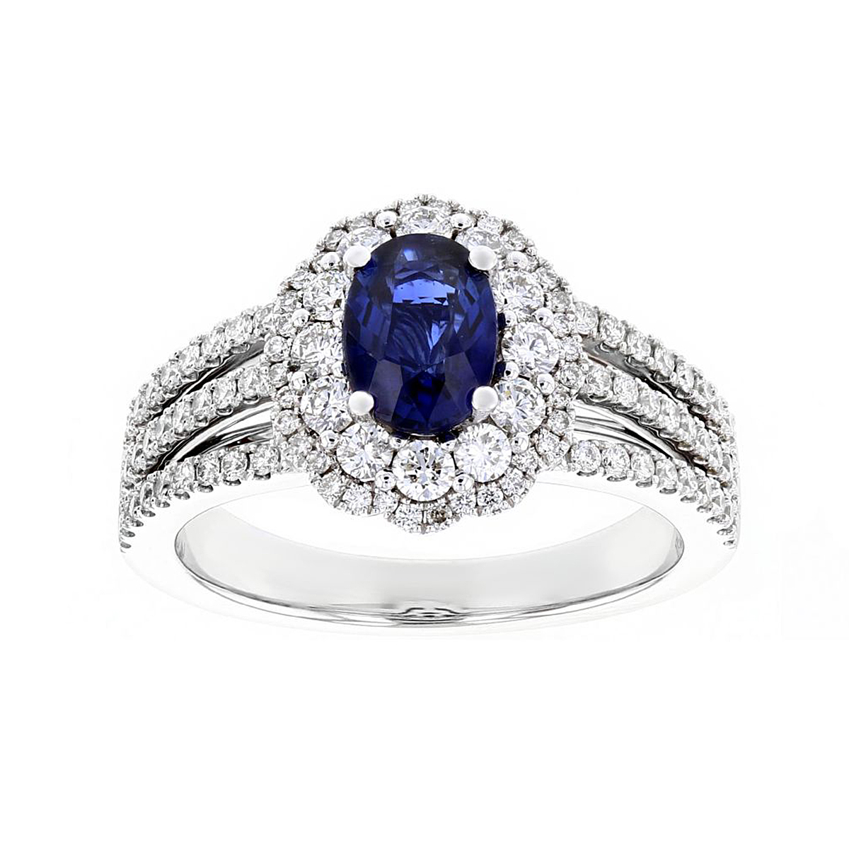 14K White Gold Oval Sapphire & Diamond Double Scalloped Halo Ring with ...