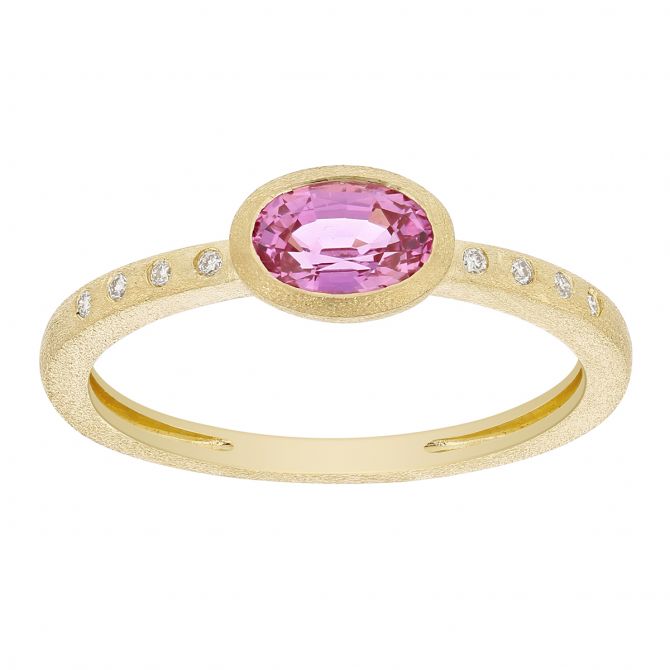 Oval Pink Sapphire Ring in Matte Yellow Gold with Diamond Accents