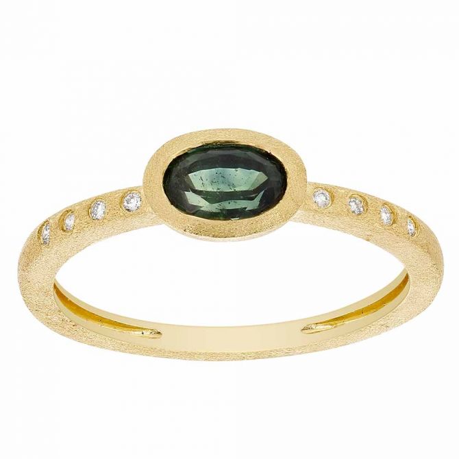 Oval Green Sapphire Bezel Set Ring with Diamonds in Matte Yellow Gold