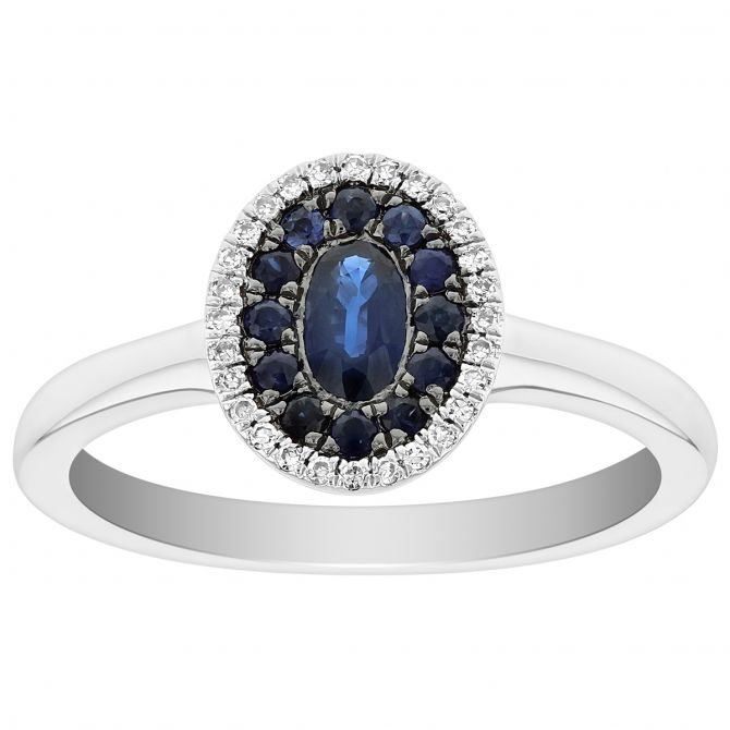 Oval Sapphire & Diamond Double Halo Ring in White Gold