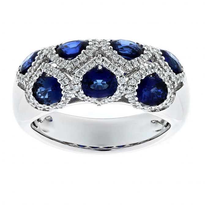 Round Sapphire & Diamond Lattice Ring in White Gold