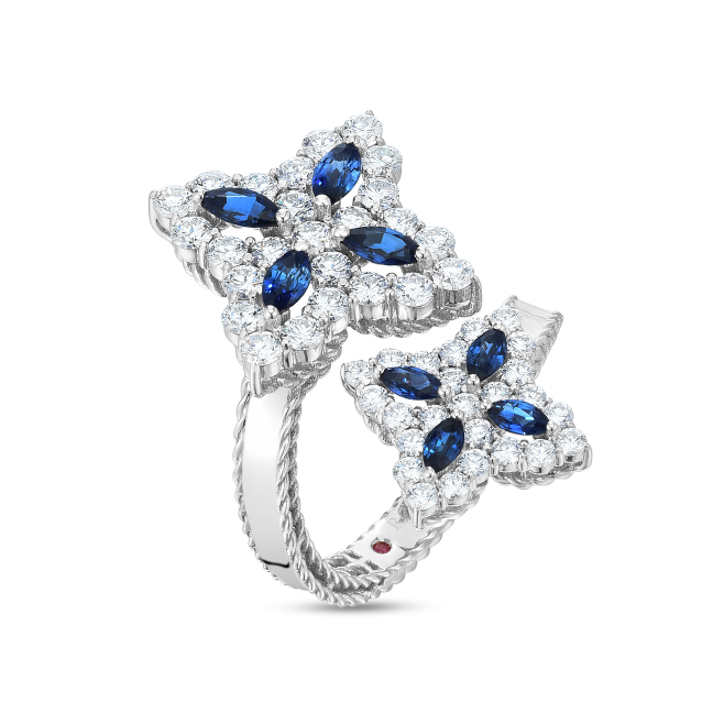 Roberto Coin Princess Flower Bypass Ring with Diamond & Sapphire in White Gold