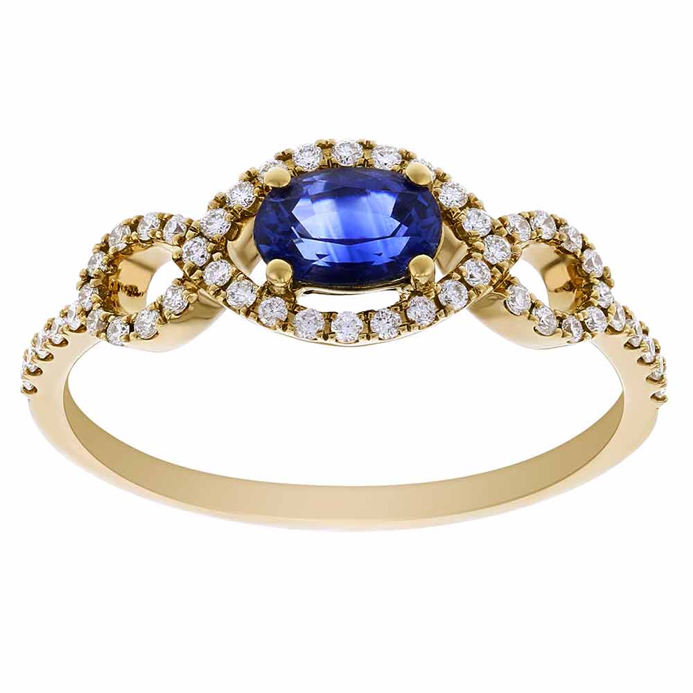 Oval Sapphire & Diamond Ring with Marquise Twist Halo & Shank in Yellow ...