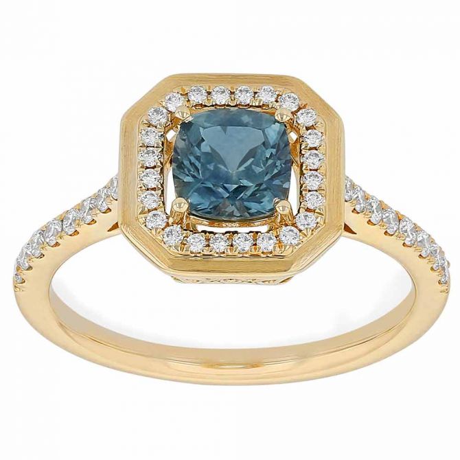 Cushion Sapphire & Diamond Halo Ring in Yellow Gold