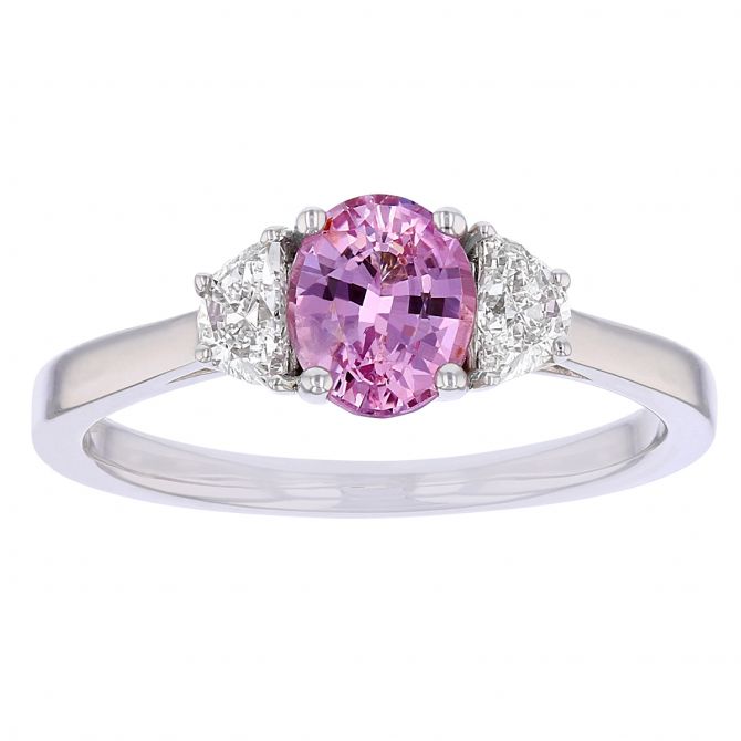 Oval Pink Sapphire & Half Moon Diamond 3 Stone Ring in White Gold