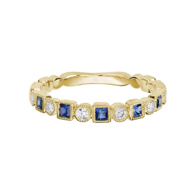 Princess Cut Sapphire & Round Diamond Geometric Milgrain Ring in Yellow Gold