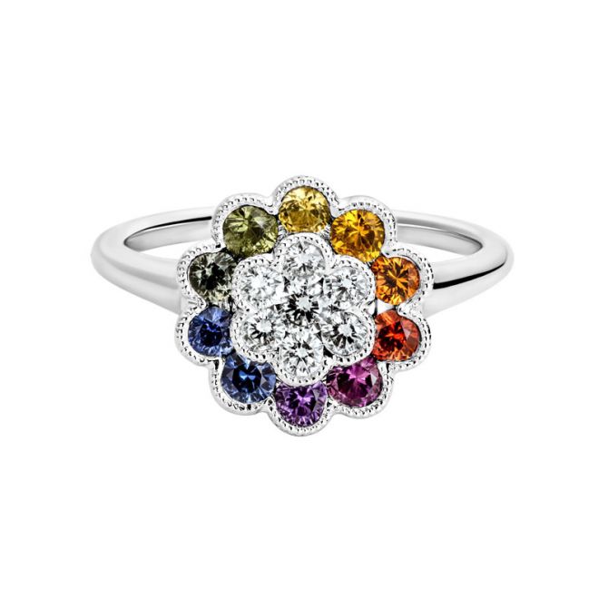 Multicolored Sapphire & Diamond Rainbow Flower Ring in White Gold