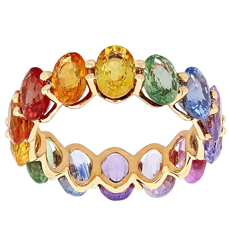 Oval Multicolored Sapphire Rainbow Eternity Ring in Yellow Gold, Size 6 ...