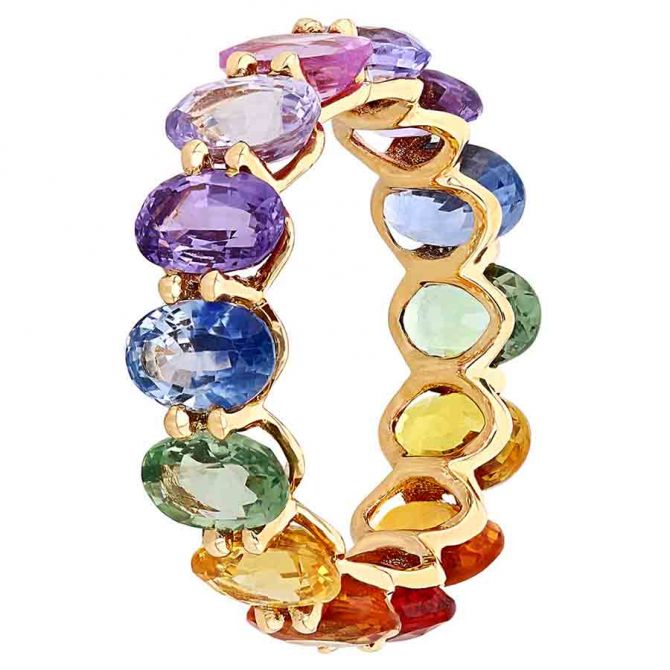 Oval Multicolored Sapphire Rainbow Eternity Ring in Yellow Gold, Size 6