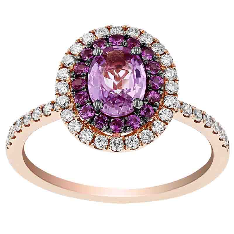 Oval Pink Sapphire Ring with Sapphire & Diamond Double Halo in White ...