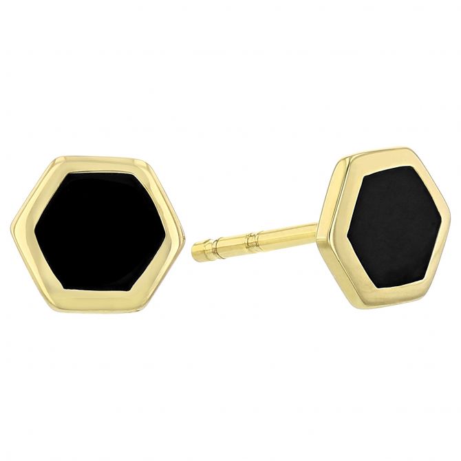 Black Enamel Hexagon Stud Earrings in Yellow Gold