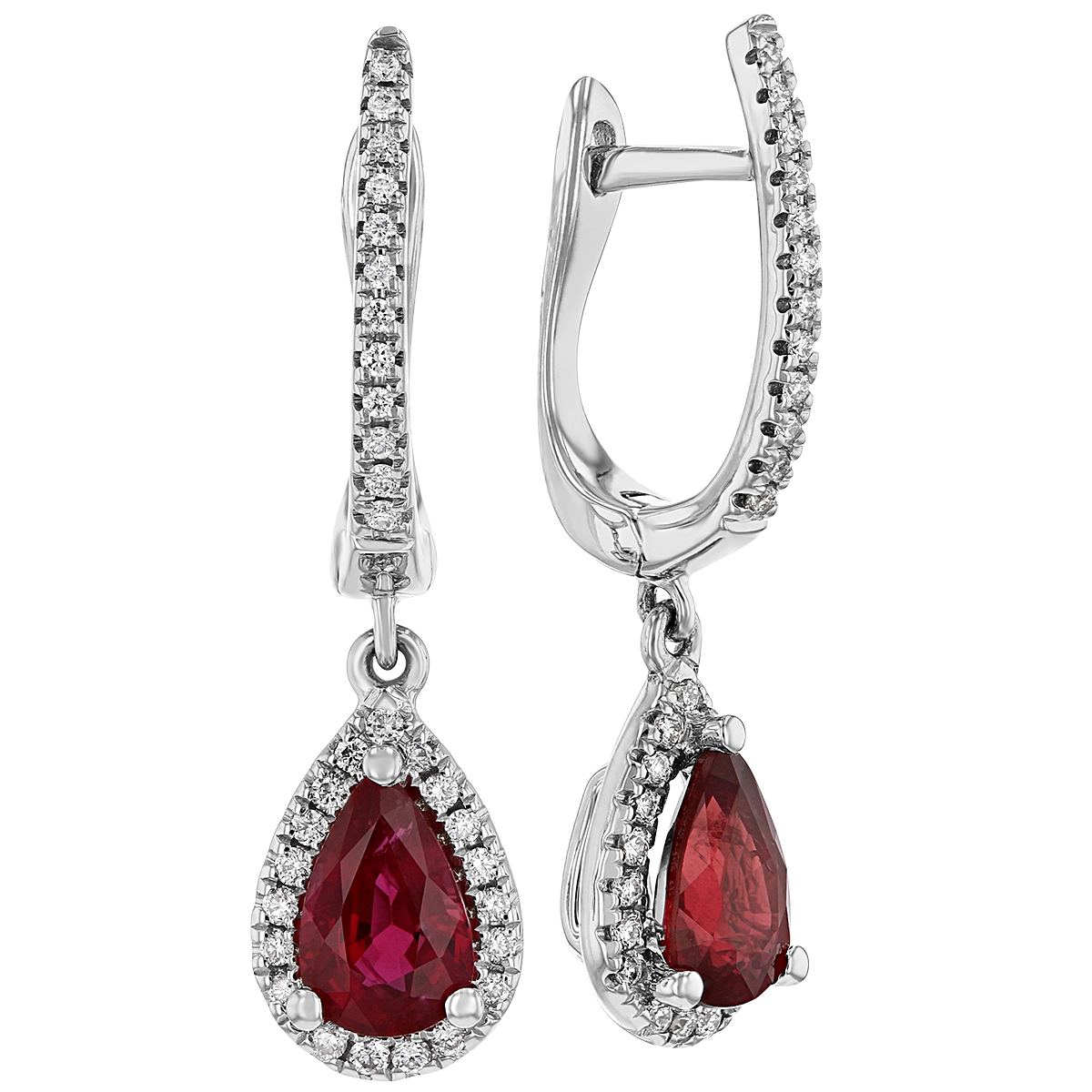 Pear Shaped Ruby & Diamond Halo Dangle Huggie Earrings in White Gold ...