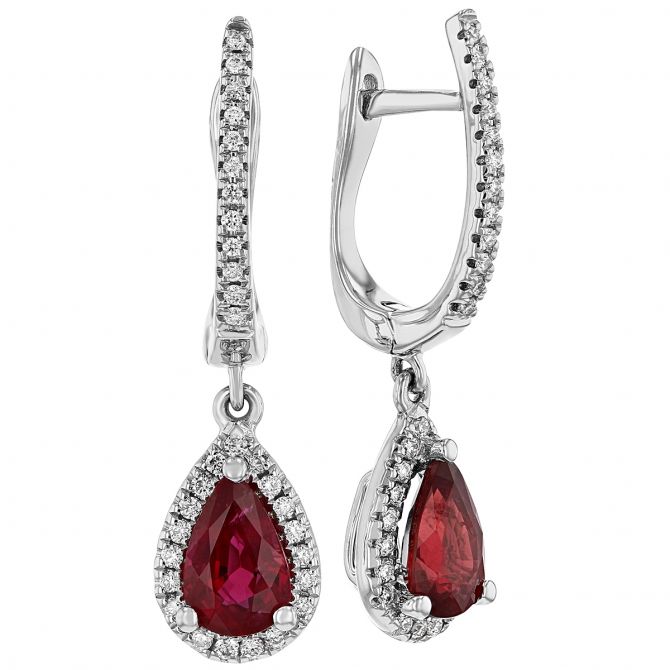 Pear Shaped Ruby & Diamond Halo Dangle Huggie Earrings in White Gold