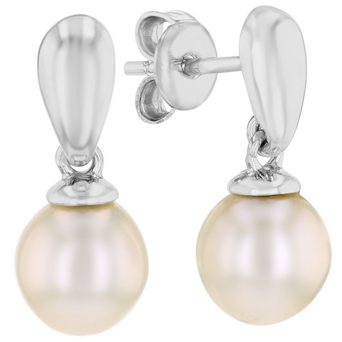 White Cultured Pearl Dangle Earrings in Sterling Silver