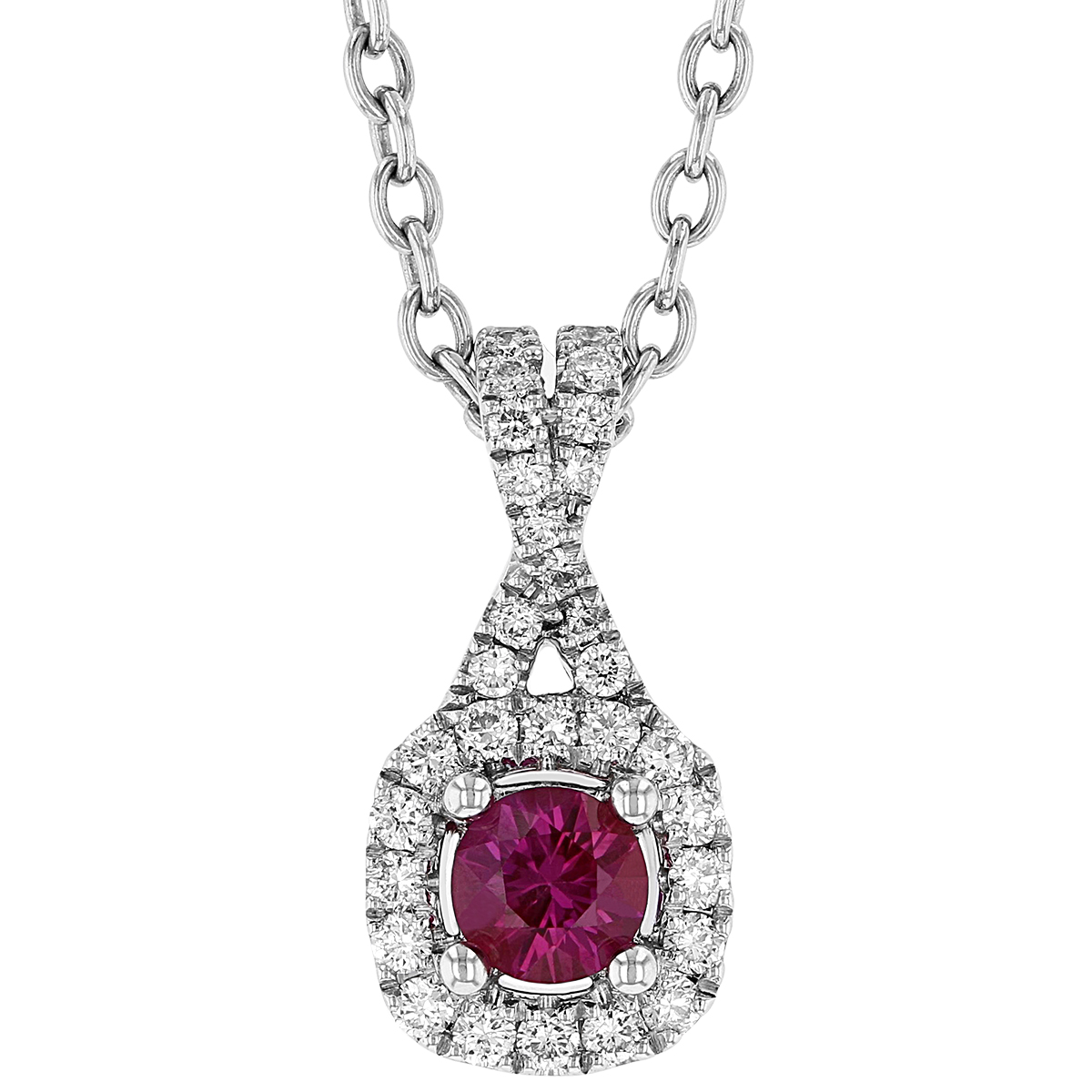 Ruby & Diamond Halo Pendant with Criss Cross Bail in White Gold, 18