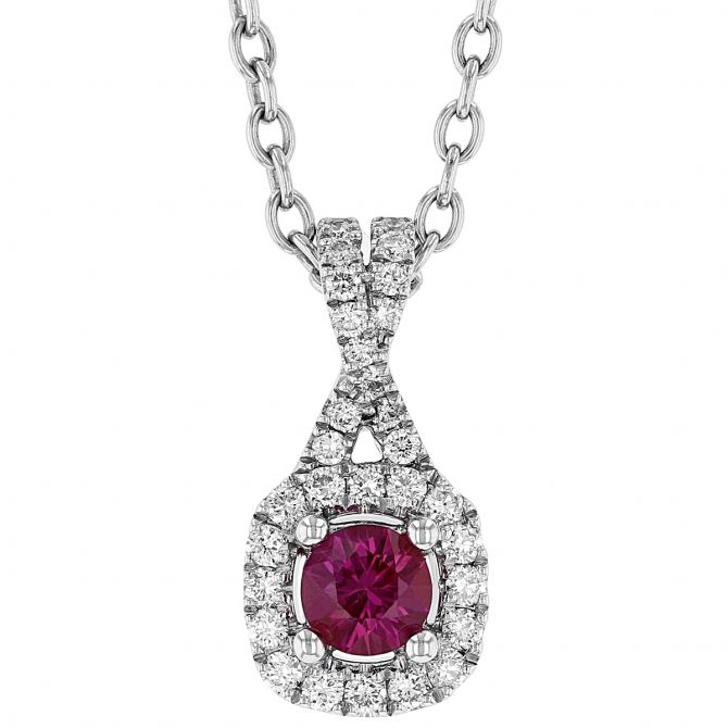 Ruby & Diamond Halo Pendant with Criss Cross Bail in White Gold, 18"