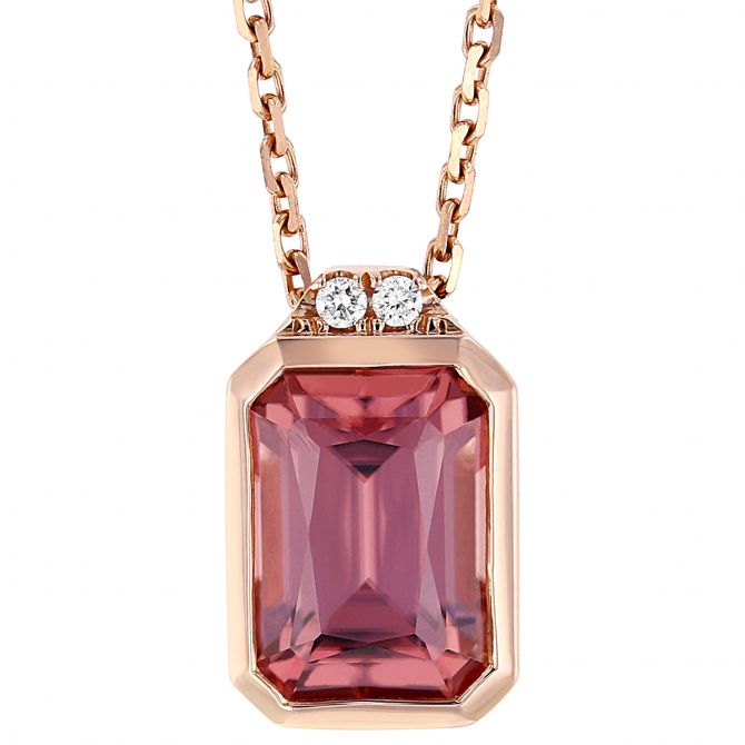 Emerald Cut Pink Zircon Bezel Set Pendant with 2 Diamond Accent in Rose Gold, 18"