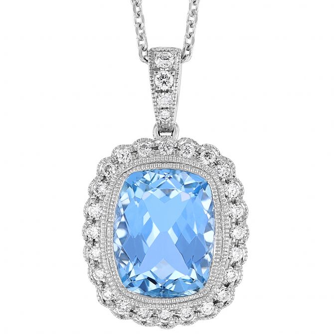 Cushion Aquamarine Pendant with Diamond Scalloped Halo & Milgrain in White Gold, 18"