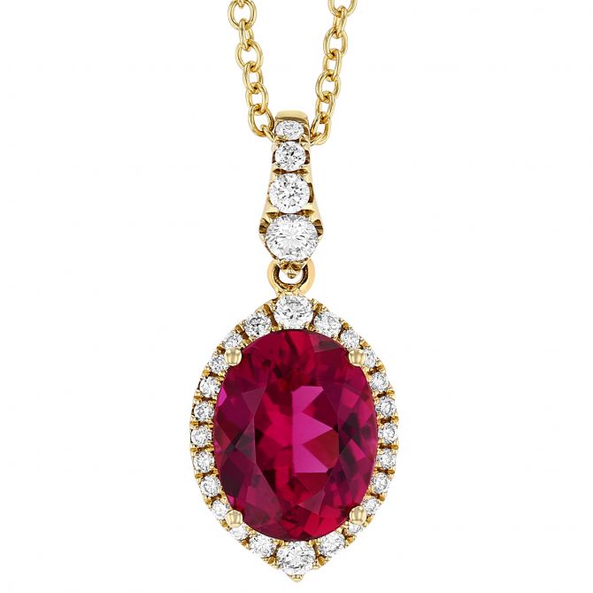 Oval Rubellite Tourmaline Pendant with Diamond Halo & Bail in Yellow Gold, 18"