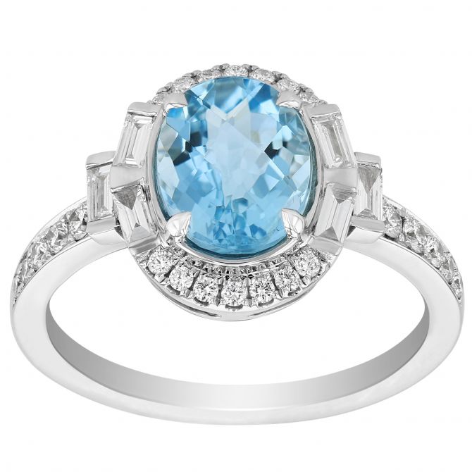 Oval Aquamarine Ring with Baguette & Round Diamond Halo & Sides in White Gold