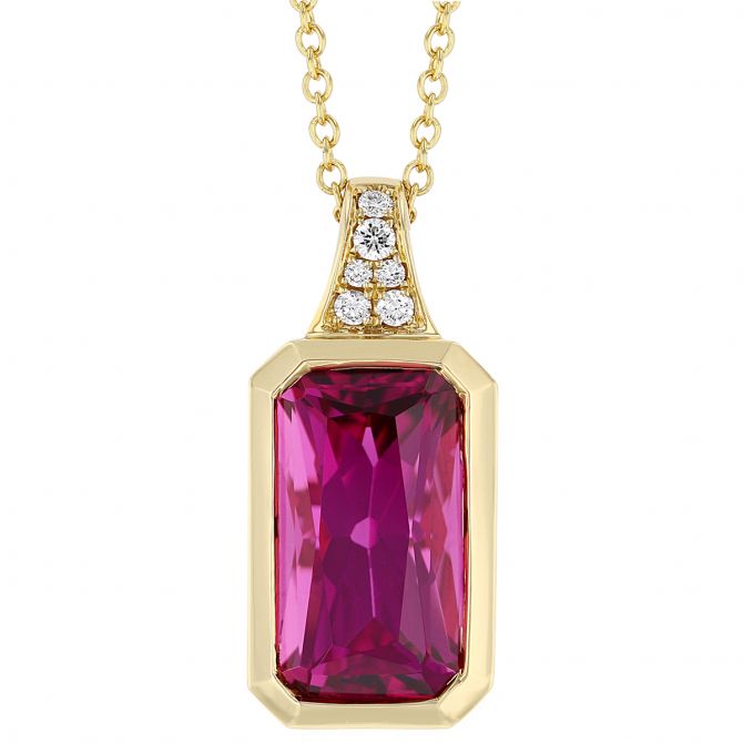 Pink Tourmaline Emerald Cut Pendant in Yellow Gold with Diamond