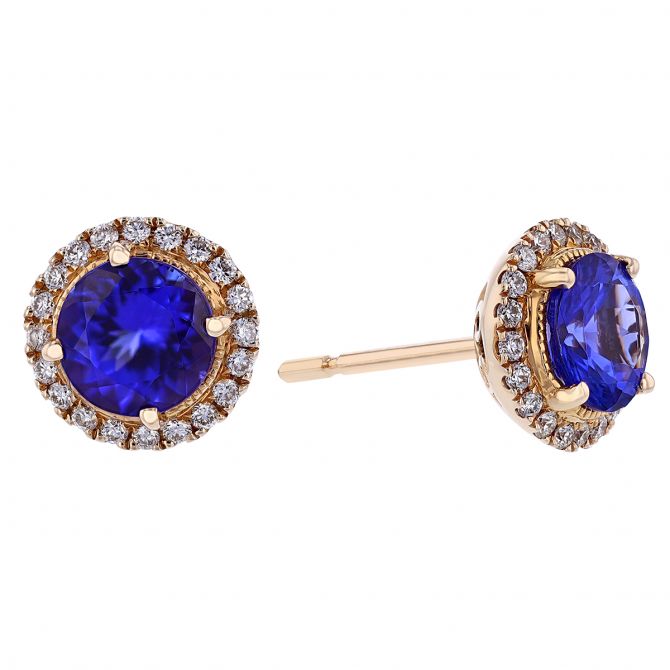 Tanzanite & Diamond Halo Round Stud Earrings in Rose Gold