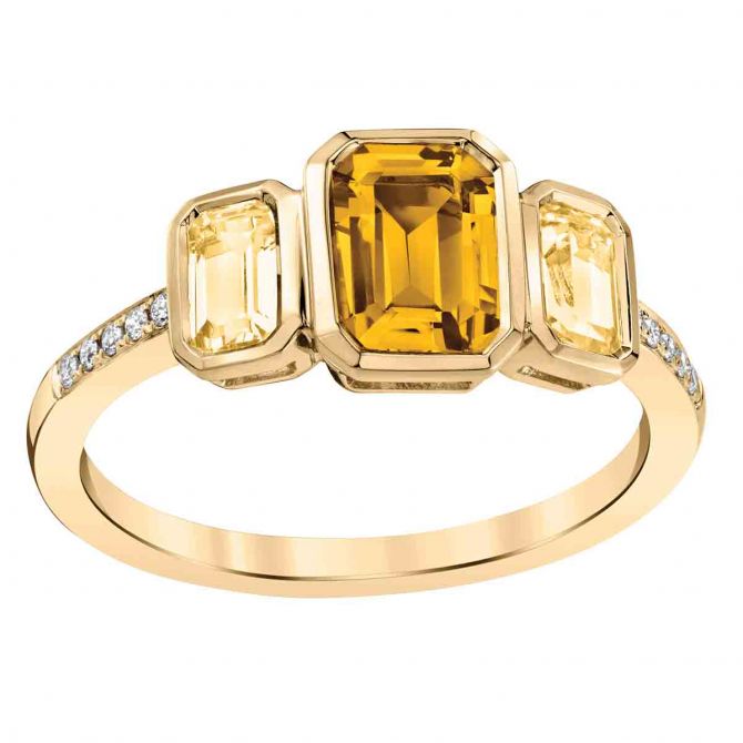 Emerald Cut Citrine 3 Stone Ring with Diamond Shank in Yellow Gold