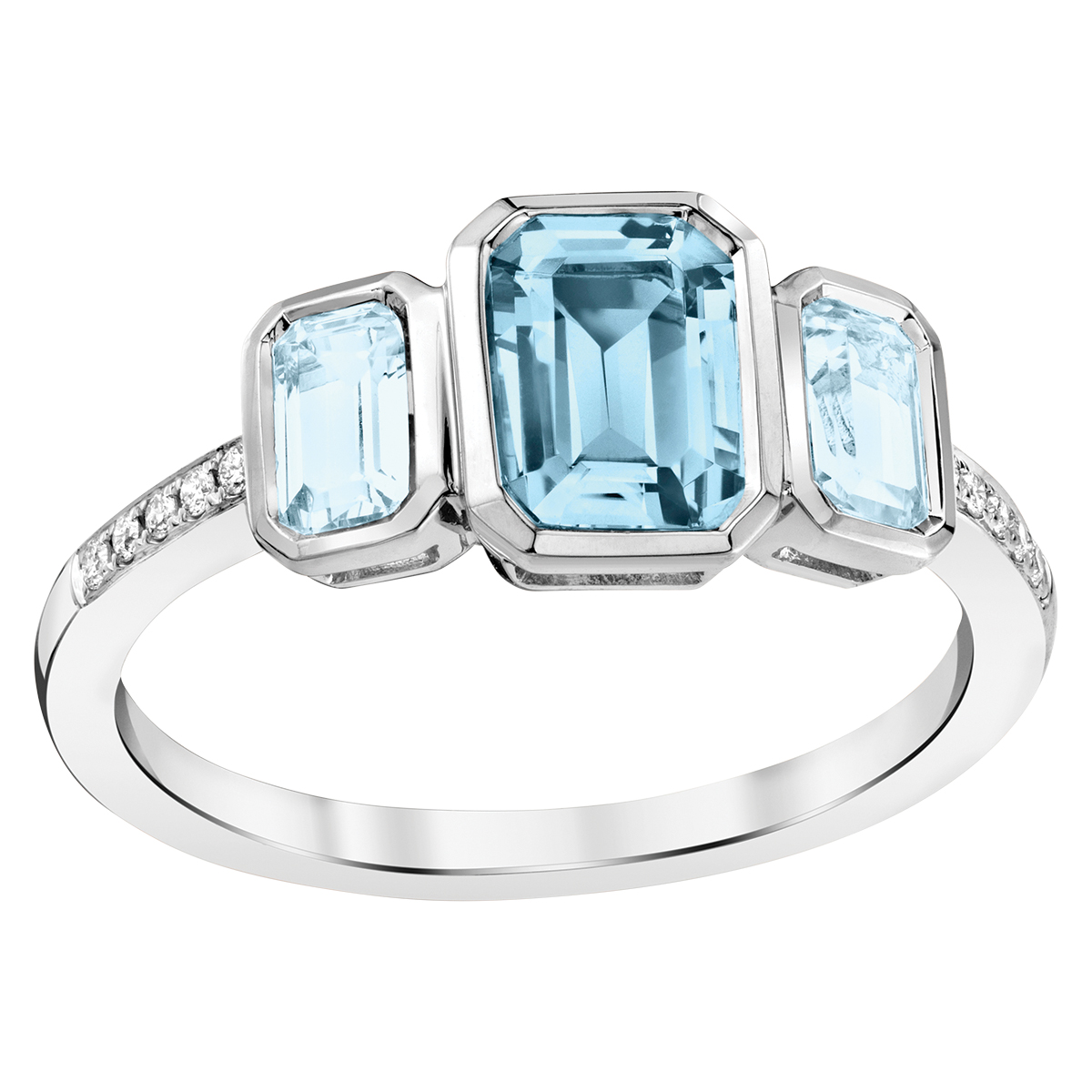 Emerald Cut Aquamarine 3 Stone Ring With Diamond Shank In White Gold