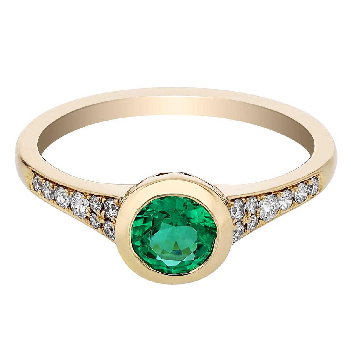 Round Emerald Bezel Set Ring with Tapered Diamond Pavé Shank in Yellow ...