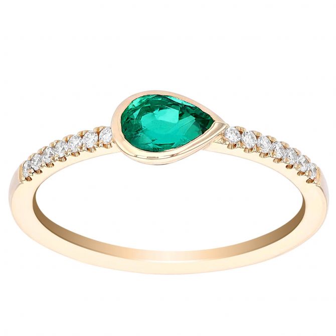 Pear Shaped Emerald East West Bezel Set Ring with Diamond Sides in Yellow Gold