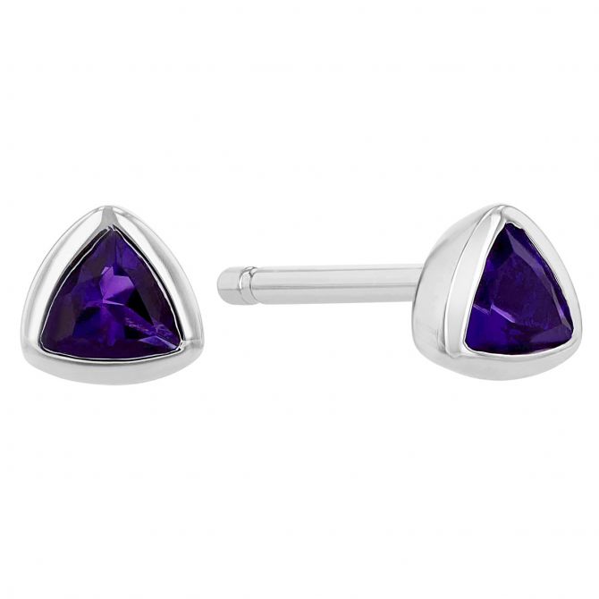 Trillion Amethyst Bezel Set Stud Earrings in White Gold, 3 mm