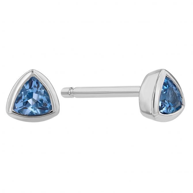 Trillion Blue Topaz Bezel Set Stud Earrings in White Gold, 3 mm