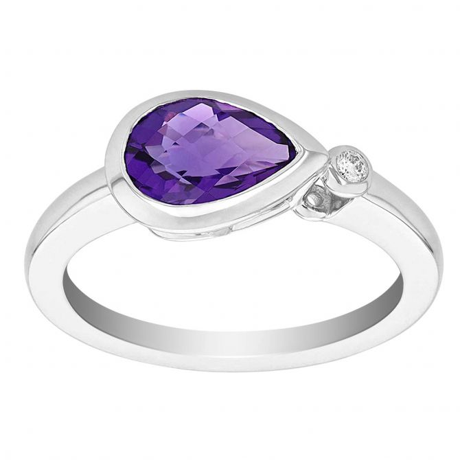 Pear Shaped Amethyst & Single Diamond Bezel Set Asymmetrical Ring in White Gold