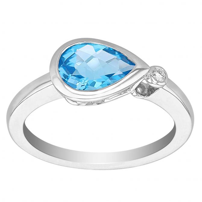 Pear Shaped Blue Topaz & Single Diamond Bezel Set Asymmetrical Ring in White Gold