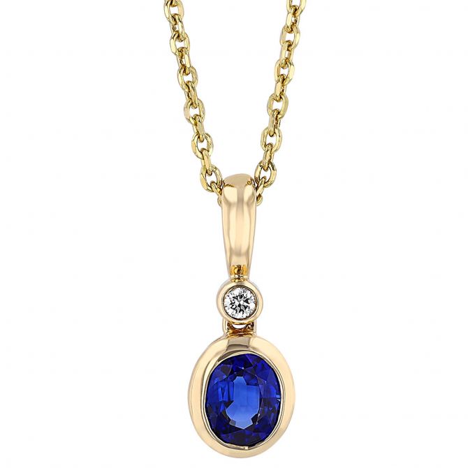 Oval Sapphire Bezel Set Pendant with Diamond Bail in Yellow Gold, 18"