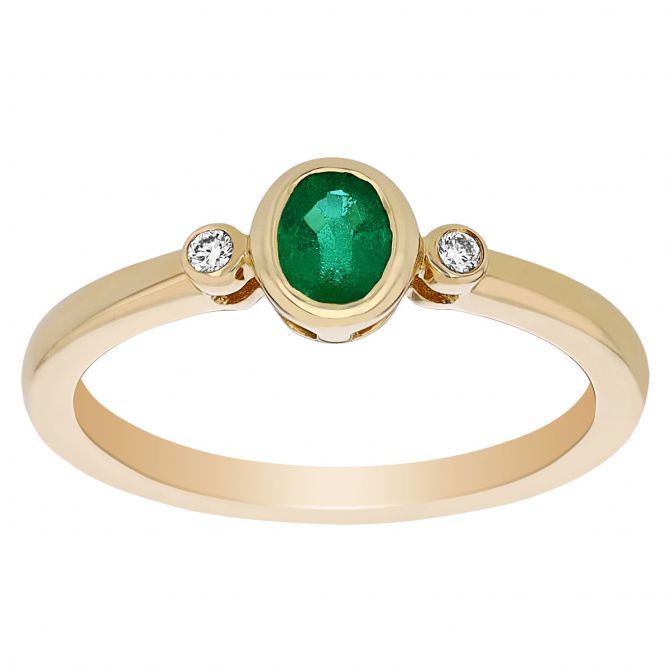 Oval Emerald & Diamond Bezel Set Dainty 3 Stone Ring in Yellow Gold