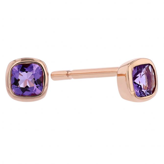 Cushion Amethyst Bezel Set Stud Earrings in Rose Gold