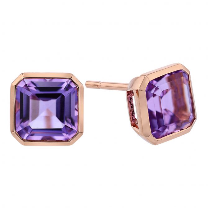 Asscher Cut Amethyst Bezel Set Stud Earrings in Rose Gold