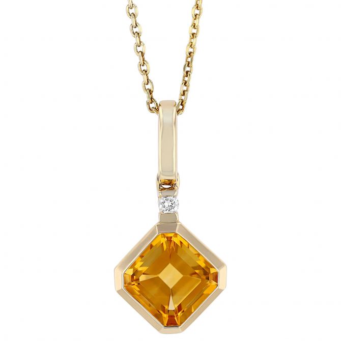 Asscher Cut Citrine & Diamond Bail Bezel Set Pendant in Yellow Gold, 18"