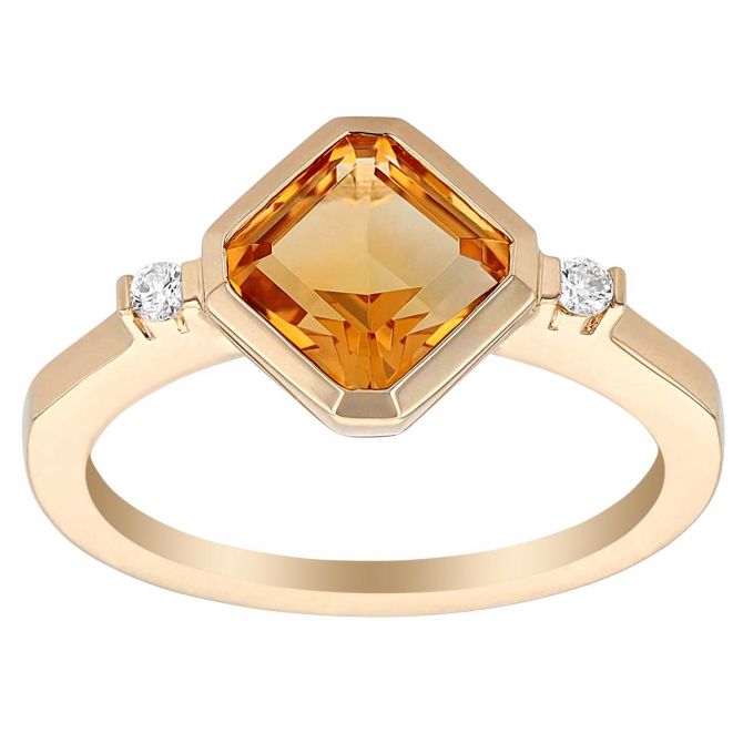 Asscher Cut Citrine & Diamond Side Stone Bezel Set Ring in Yellow Gold