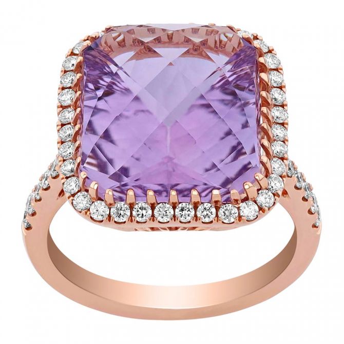 Amethyst Checkerboard Cushion Cut Cocktail Ring with Diamond Halo in Rose Gold