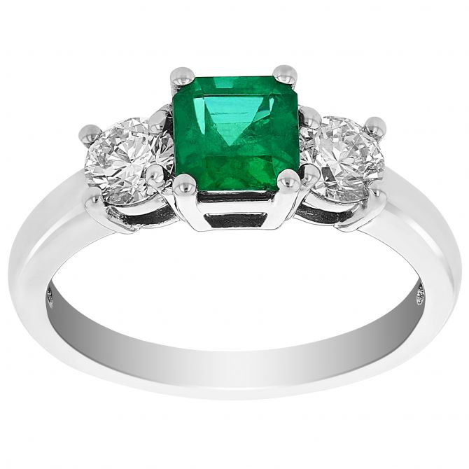 Asscher Cut Emerald & Diamond 3 Stone Ring in White Gold